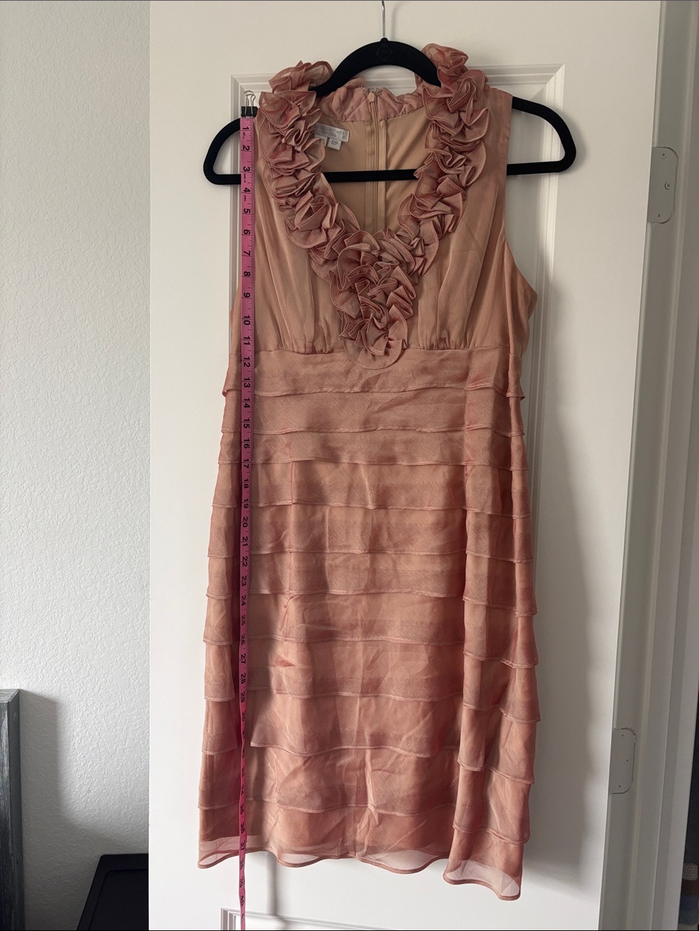 London Times Blush Peach Ruffle V-Neck Tiered Midi Dress